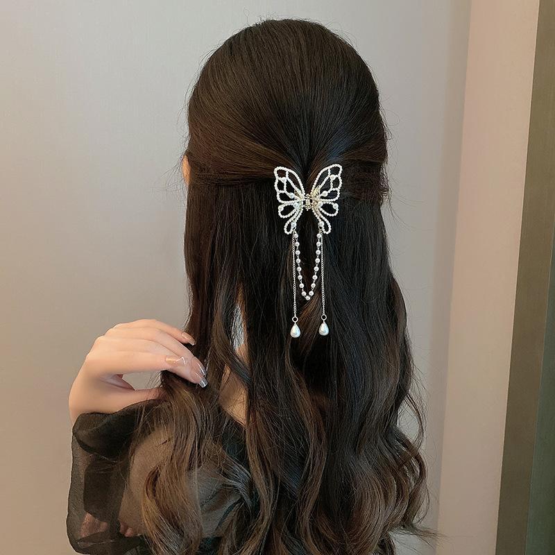 Korean style new Pearl butterfly tassel clip female light luxury back Head Small size hairpin elegant temperament shark clip net_voghion.com
