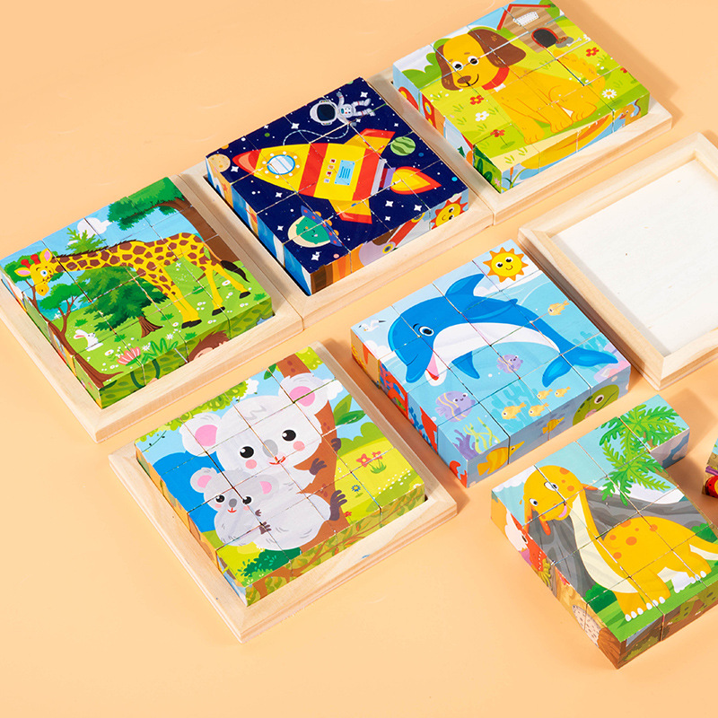 Wooden Six-face Painting Children's 3D Three-dimensional Building Blocks Puzzle Animal Traffic Dinosaur Cognitive Creative Building Blocks Toys
