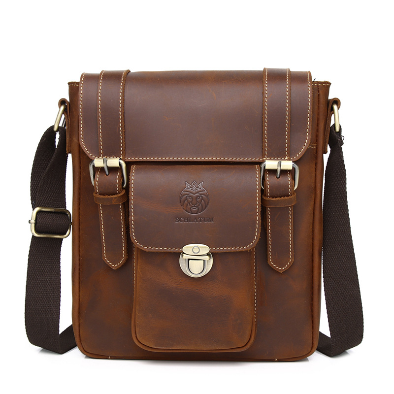 Lion Leiden Crazy Horse Leather Men's Fashion Shoulder Crossbody Bag Top Layer Cowhide Men's Bag British Retro Genuine Leather Messenger Bag