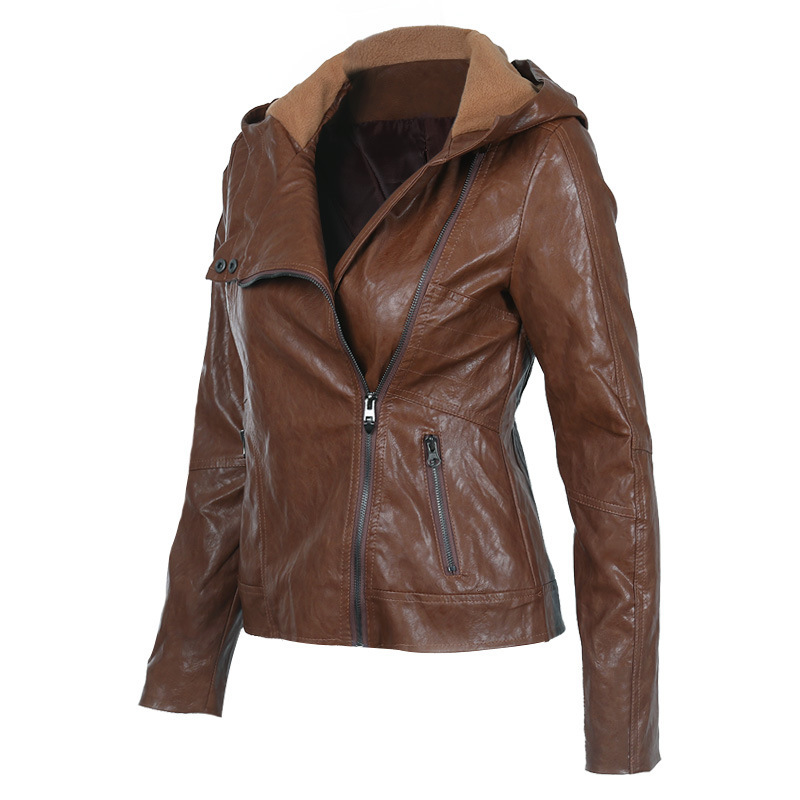 Amazon European and American fashion hooded long sleeve solid color women's leather jacket jacket pu leather women's spot