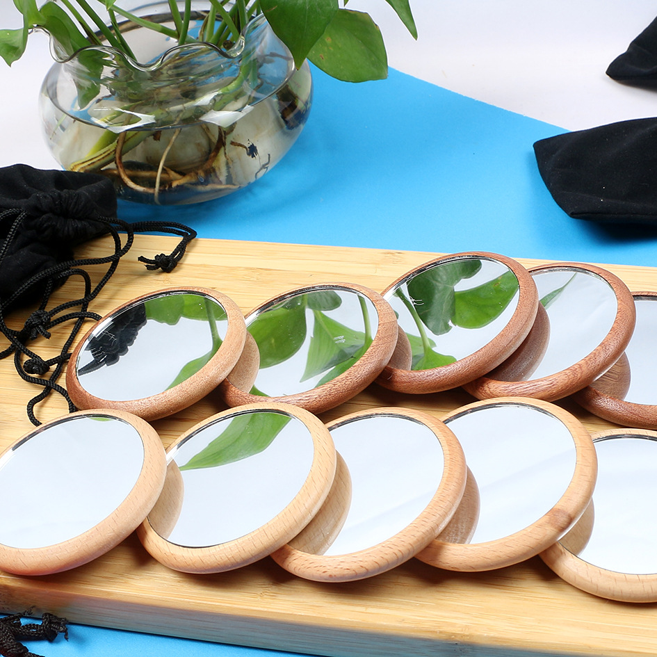 Beech Wood Portable Cosmetic Mirror Student Dormitory Sapri Dressing Mirror HD Small Mirror Round Mirror