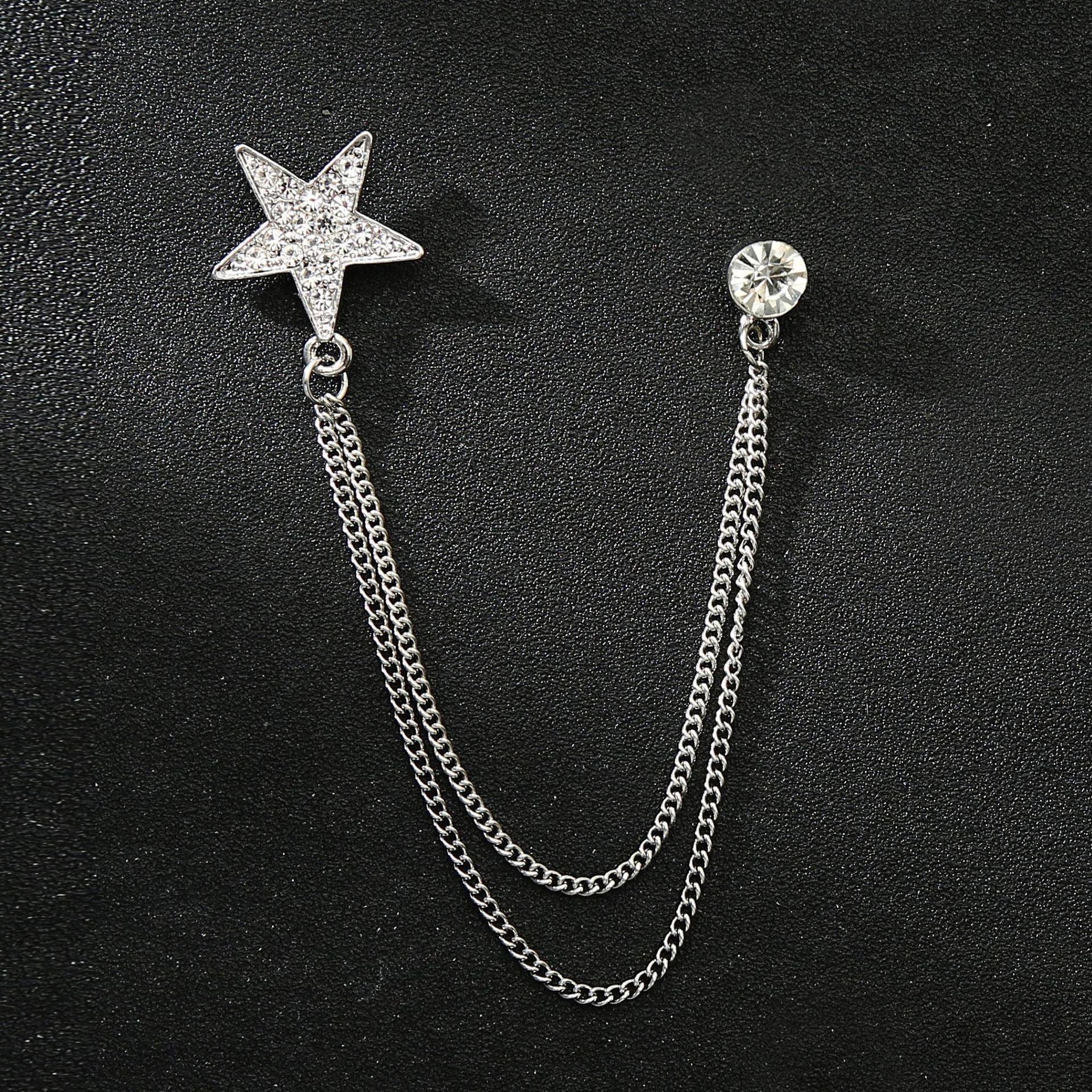 Fashion men's chain five-pointed star brooch full diamond crown notes with chain personality suit accessories collar pin