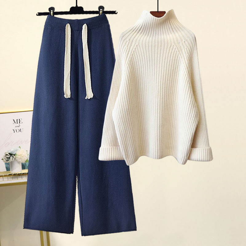 Korean style lazy style suit women's 2023 new autumn and winter thickened thick wool sweater draping wide-leg pants two-piece set