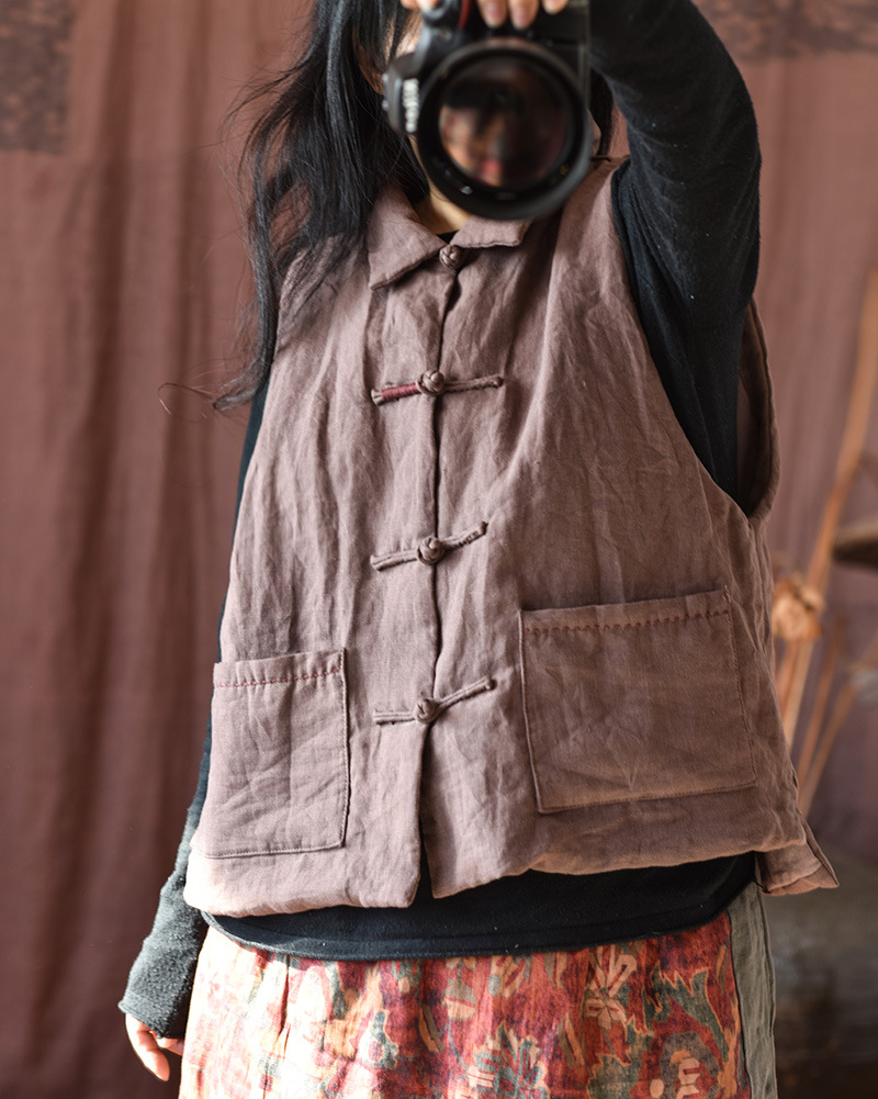 Simo/vêtements pour femmes en coton et lin faits maison gilet en coton à boucle en lin lavé au sable de haute qualité gilet en coton à enroulement rétro_voghion.com
