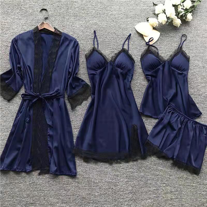 Pajamas 4-piece Set Women's Spring and Summer Sexy Ice Silk Korean Style Sling Nightgown Nightgown Set with Chest Pad Silk Home Clothes
