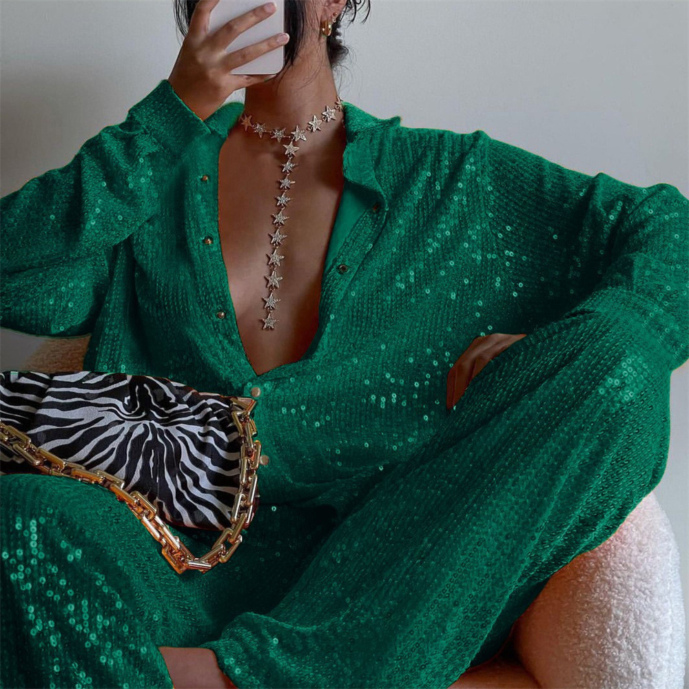 Spring and summer new foreign trade women's clothing Europe and the United States three-piece solid color sequins fashion casual suit shirt underwear straight pants
