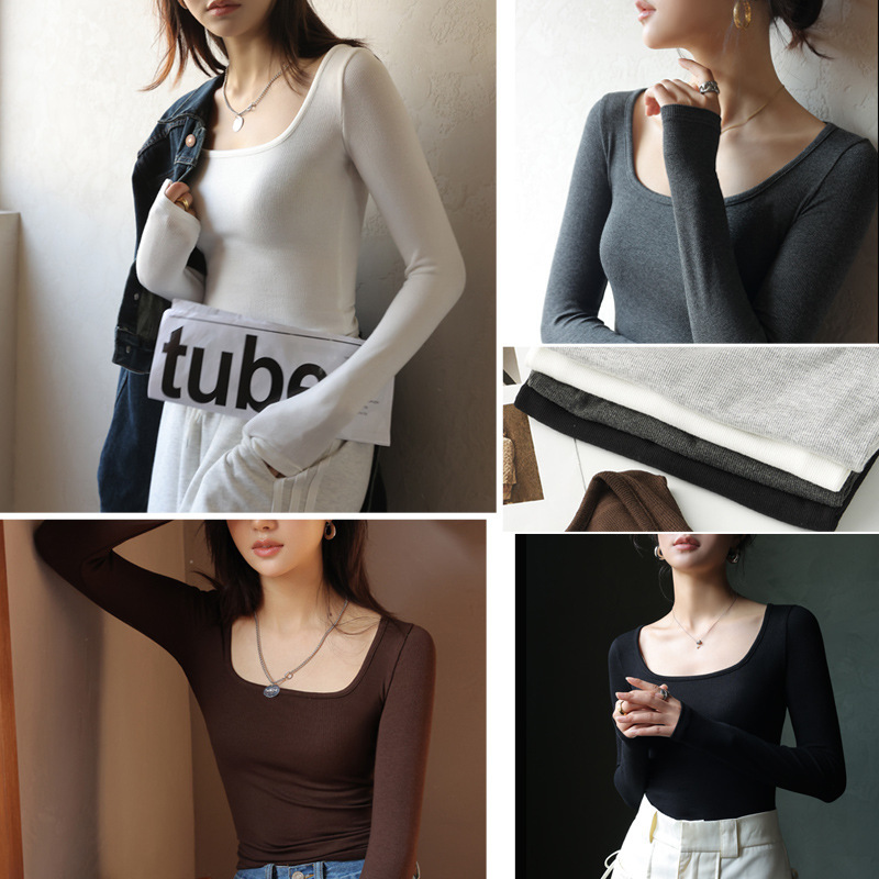 2023 autumn and winter cotton pure black bottoming shirt women's low collar square collar spring and autumn top long sleeve T-shirt inner Korean style slim fit