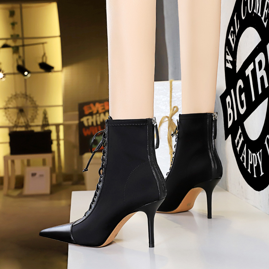 1838-1 Korean Fashion Sexy Slimming Women's Boots Thin Heel High Heel Shallow Mouth Pointed Lace-up Cross Strap Ankle Boots