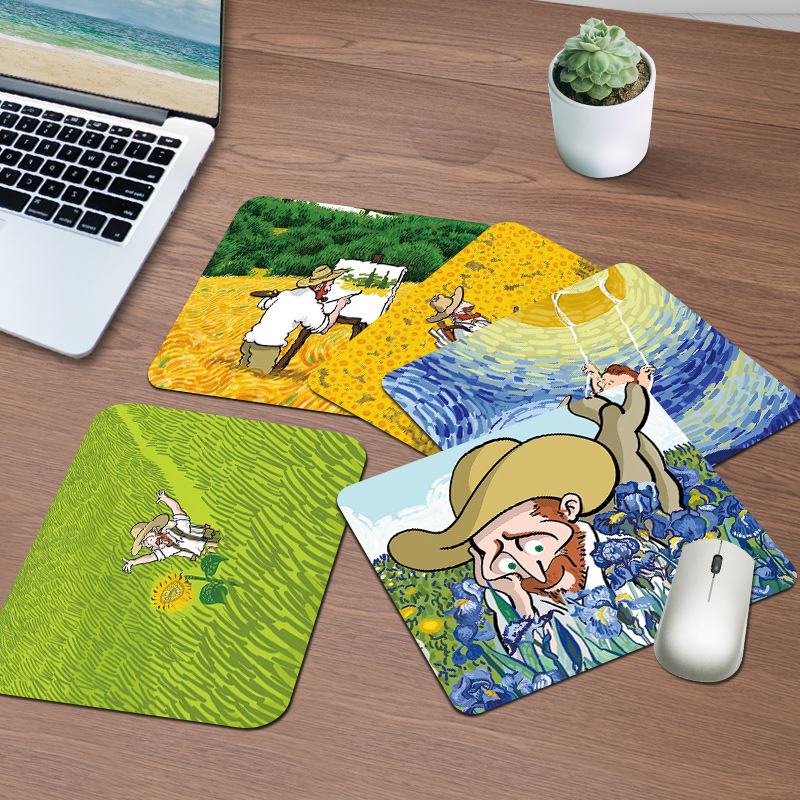 Mouse pad small lock edge rubber text Van Gogh oil painting notebook computer thickened Office spot factory direct sales