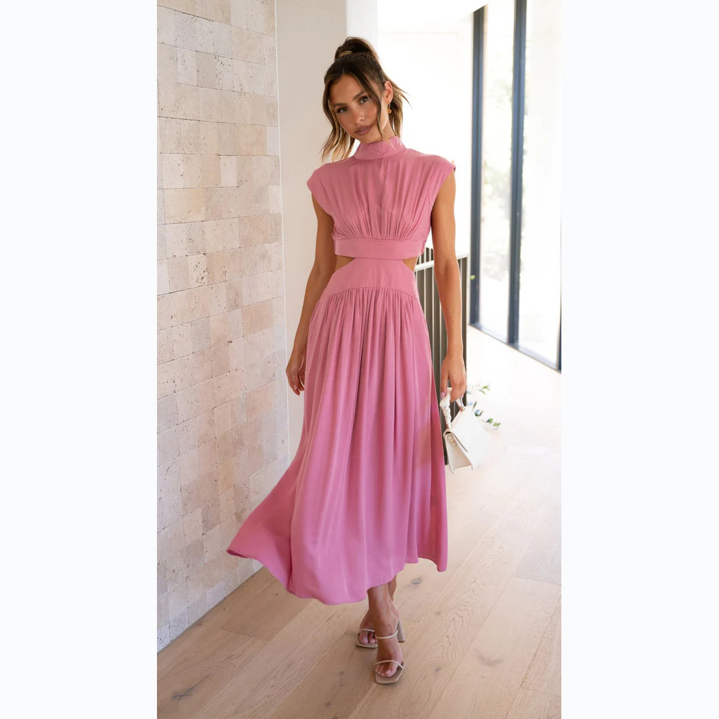23 years of European and American foreign trade sweet fashion Street summer collar Macaron color waist long dress 23003