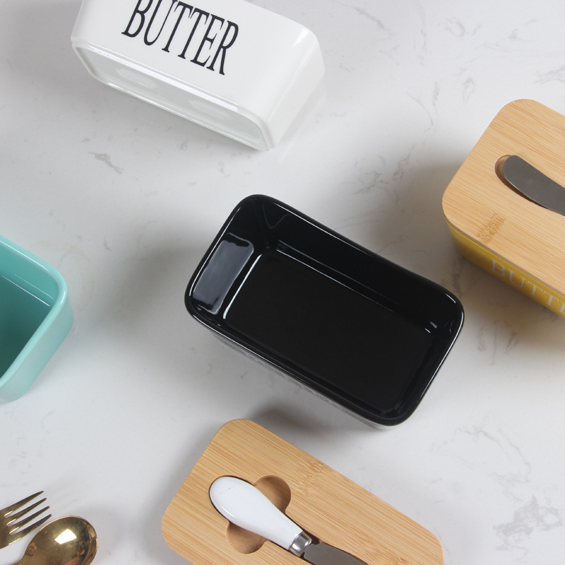 Ceramic Butter Box cross-border hot selling ceramic rectangular butter dish with wooden cover cheese ceramic butter box with knife