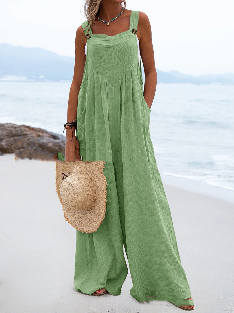 In stock Summer new women's fashion ethnic style solid color button sling jumpsuit wide leg pants trousers C111