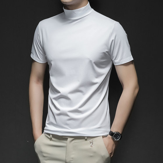 Amazon Four Seasons Men's Crewneck Half-high Collar Short-sleeved T-shirt New Solid Color Slim-fit Teenager Middle Collar Base Top
