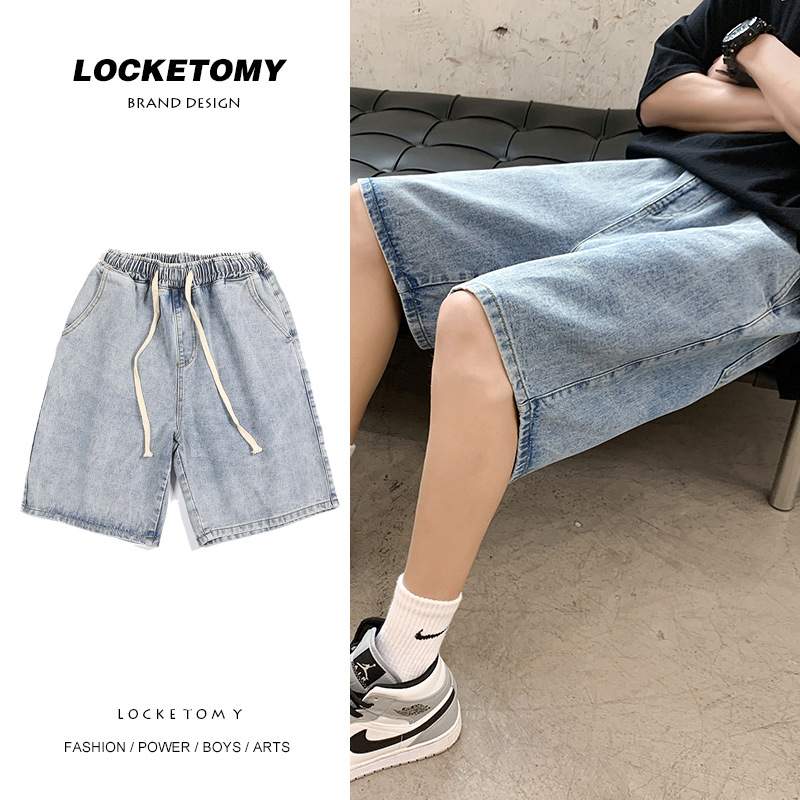 LKTM Men's# Trendy Brand Denim Shorts Men's Ins Summer New Elbow Waist Light Color Loose Straight Bearer Pants
