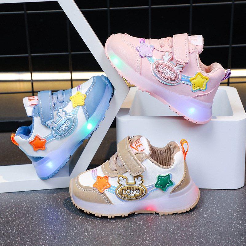 2024 spring and autumn new boys sneaker leather bright lights baby children's shoes women's shoes waterproof running shoes