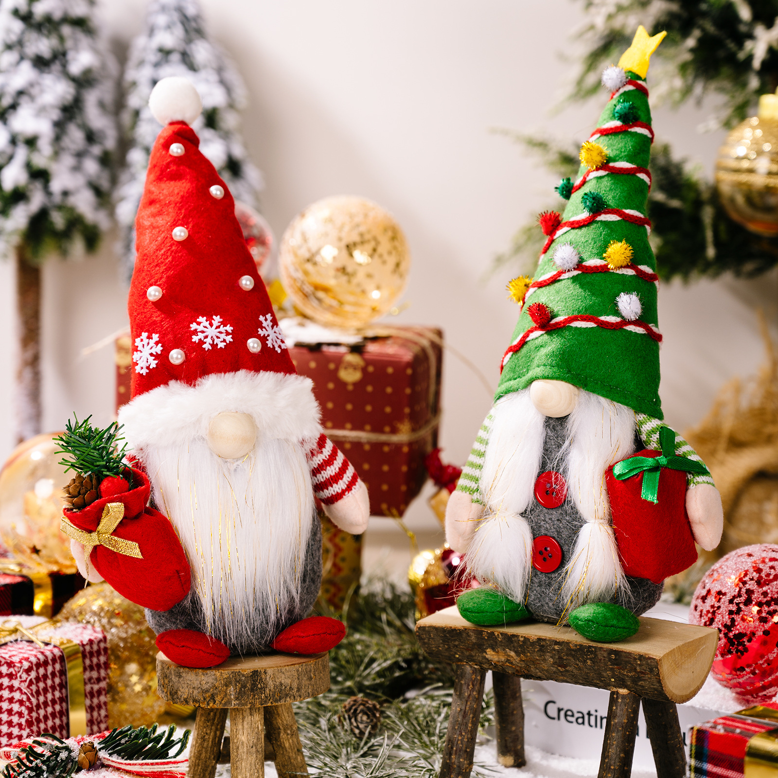 Christmas New Doll Decorative Supplies Red and Green Creative Standing Posture Faceless Doll Ornaments Tree-Shaped Gnome Small Doll