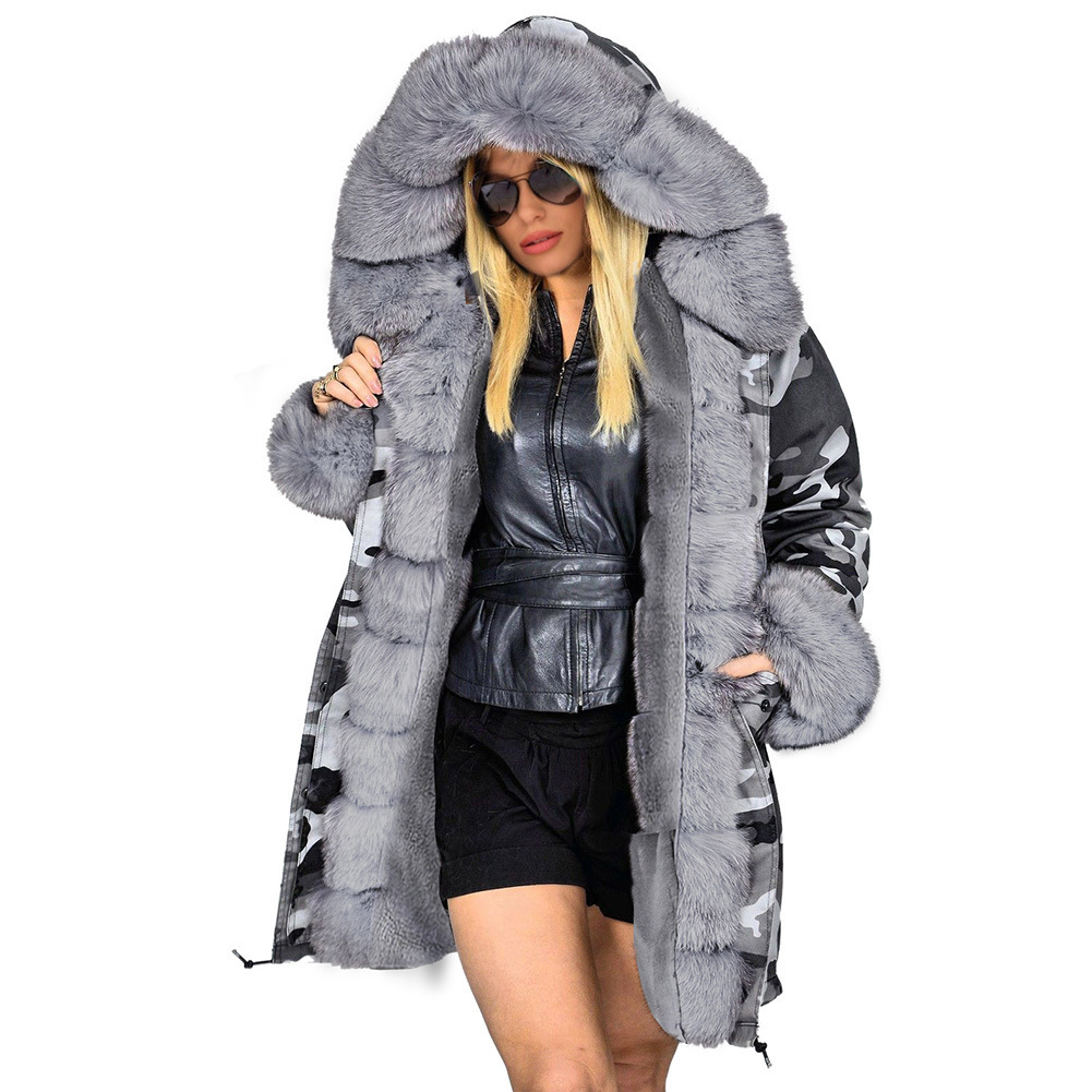 2022 Autumn and Winter New Slim-fit Warm Cotton-padded Coat Women's Camouflage Coat Long Fur Collar Hooded Coat_voghion.com