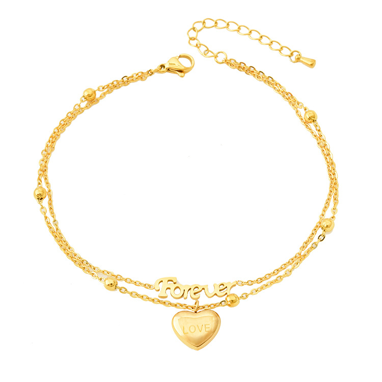 Women's Korean-style elegant double-layer letter anklet heart-shaped pendant beach anklet with water and color retention titanium steel gold anklet