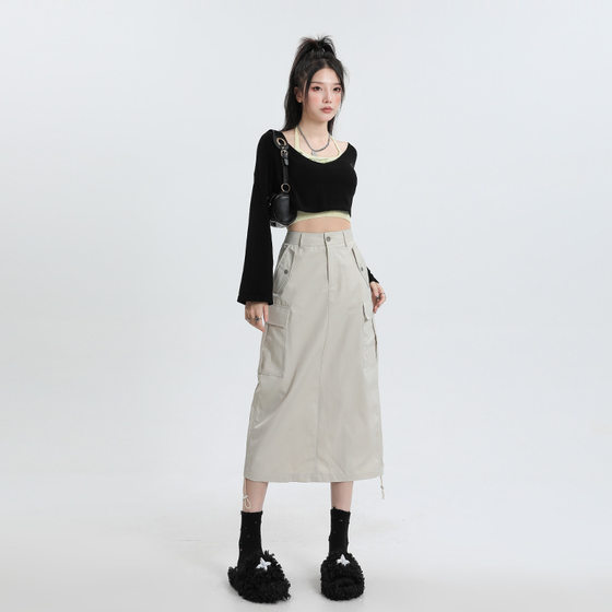 American Style Workwear Skirt Women's 2023 Summer High Waist A- Line Slimming Casual All-match Drawstring Split Mid-length Skirt