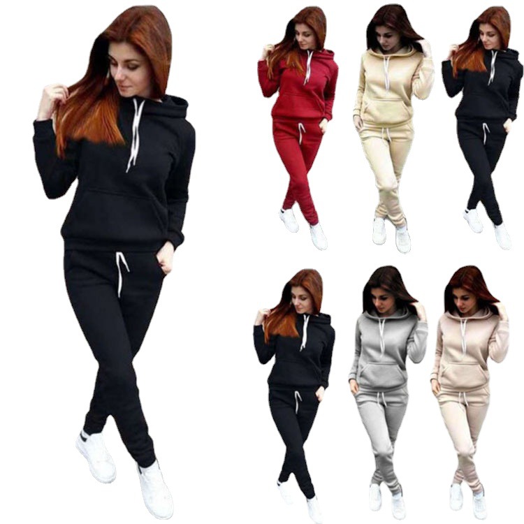 Cross-border European and American women's sweater suit hooded sweater women's fashion sports suit solid color fleece women