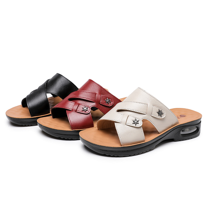 New summer mom slippers women's genuine leather air cushion soft bottom non-slip middle-aged and elderly comfortable women's slippers for outer wear