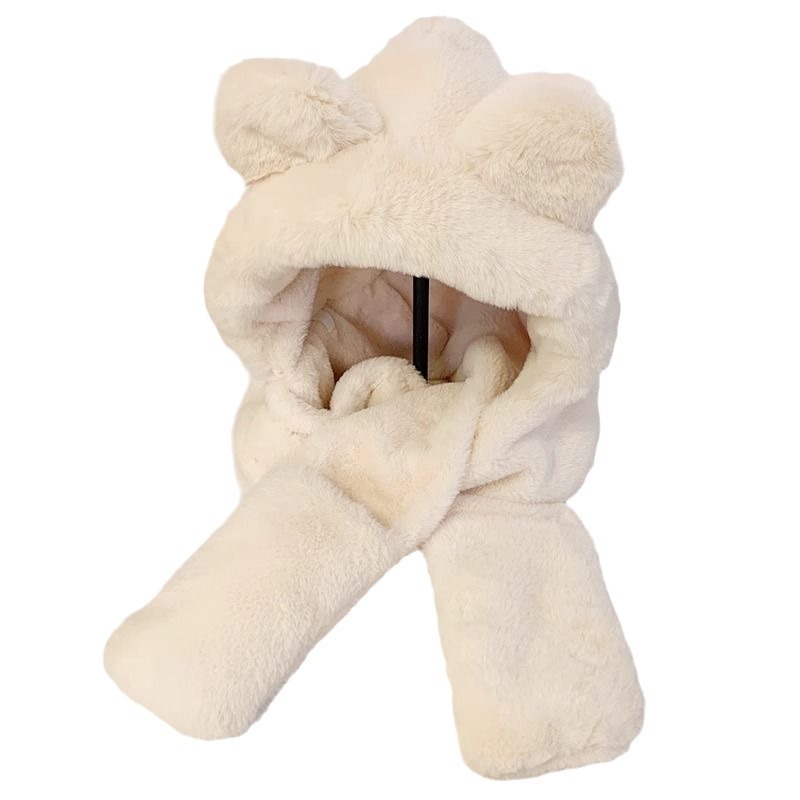 Winter Cute Plush Big Ears Bear Hat High Color Value Thickened Warm Scarf Gloves Three-piece Outdoor Winter Hat