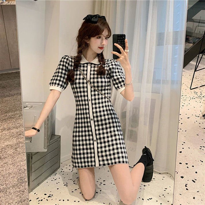  Summer Little Fragrance Style Socialite Temperament Polo Neck Slim Fit Plaid Short Sleeve Top Knitted Dress for Women