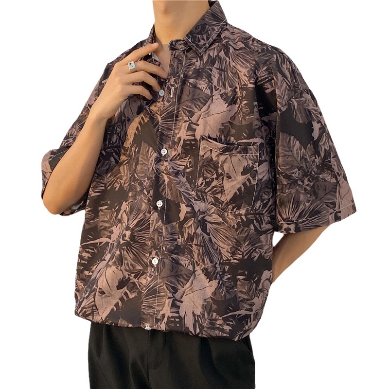 Shirt Men's Summer Thin American Style Retro Printed Short-sleeved Shirt All-match Ins High Street Casual Loose Top Clothes