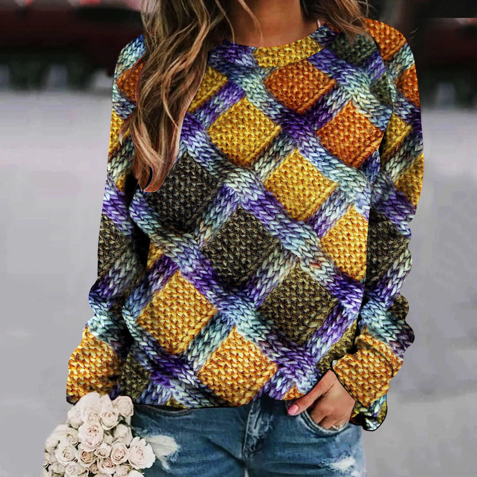 1688 women's 2023 autumn new wish creative sweater printed stitching round neck raglan long sleeve women's sweater