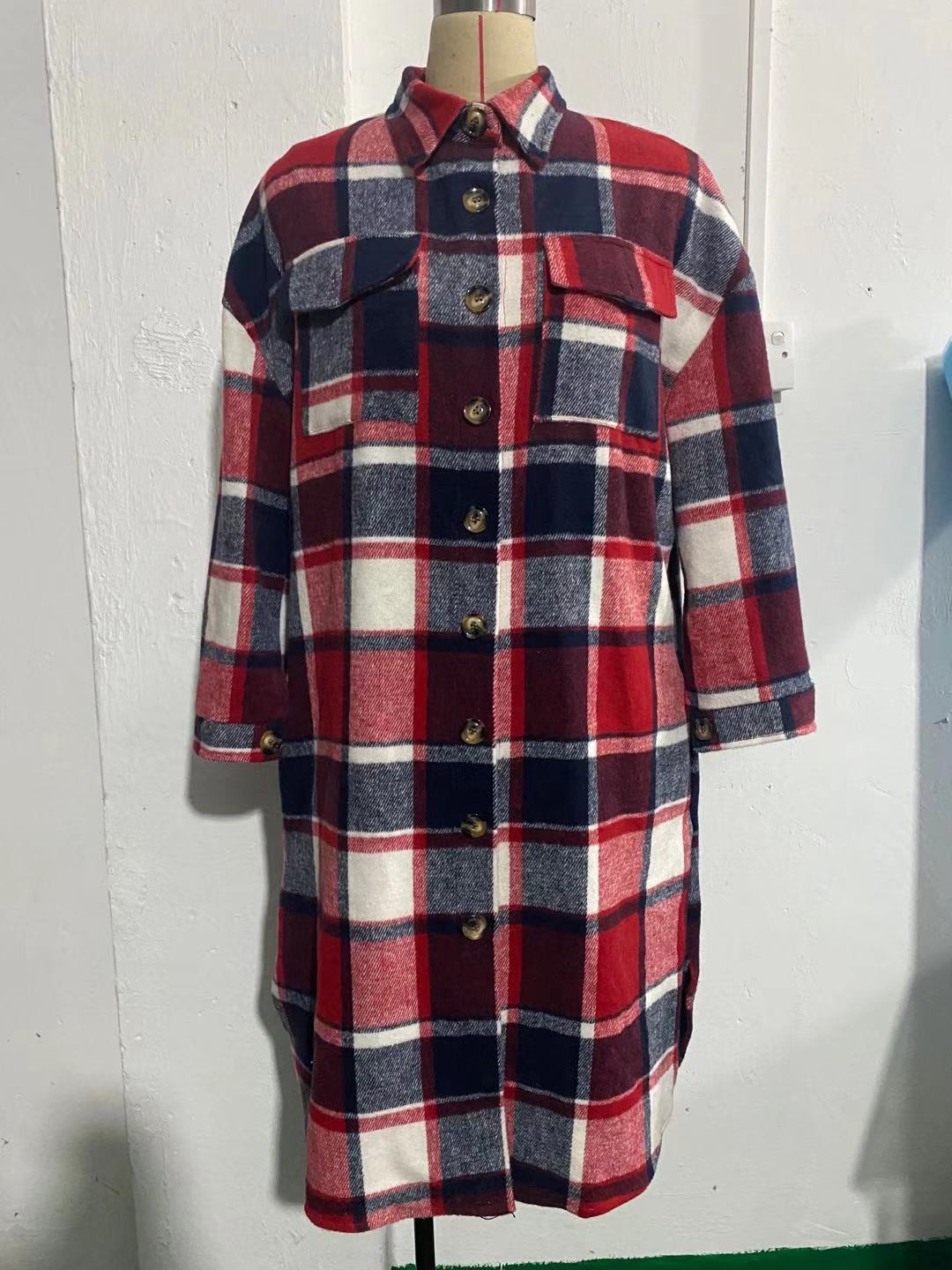 2021 Europe and America Cross-border Autumn and Winter New Women's Large Size Long Split Woolen Plaid Coat Coat_voghion.com