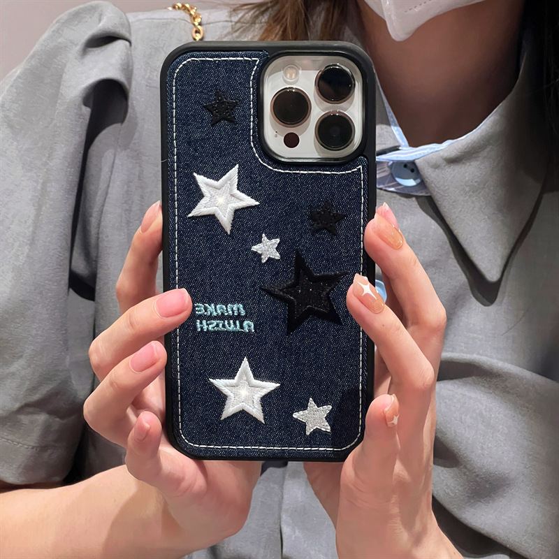 ins牛仔布刺繡星星iphone15Promax適用蘋果14Pro手機殼13女12軟11