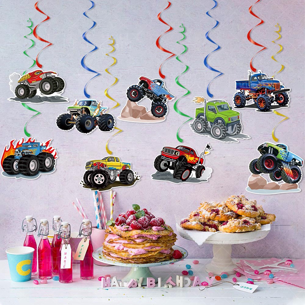 Amazon Birthday Party Decoration Buggy Banner Pull Flag Monster Truck Birthday Decoration Spiral Chandel