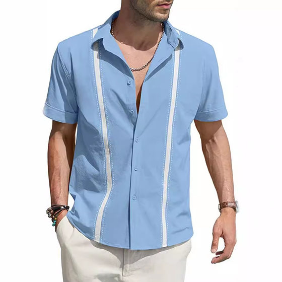Amazon AliExpress Summer Men's Lapel Colorblock Short Sleeve Linen Shirt Cuban Shagua Abella Shirt