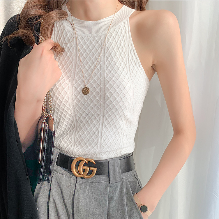 Autumn and winter fashionable and foreign-style halter neck knitted suspender women's sleeveless slim-fitting bottoming shirt core-spun yarn skin-friendly vest