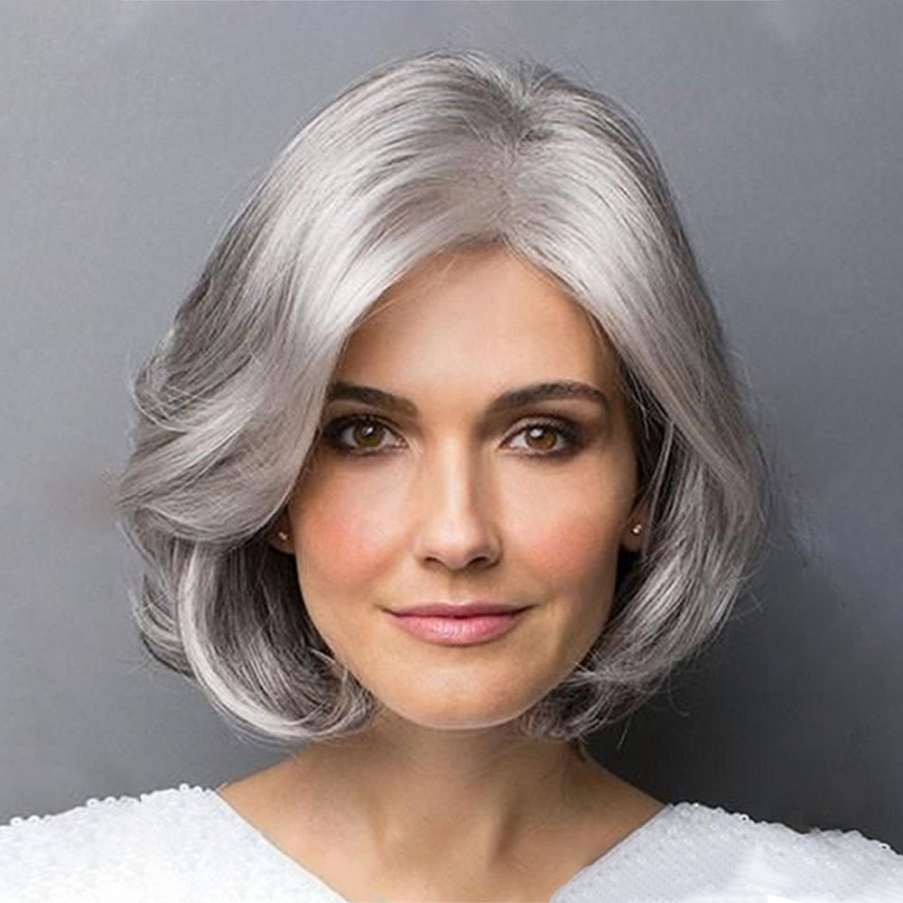 Women's Wig Middle-aged and Elderly Synthetic Wig Short Curly Hair Granny Grey Silver Grey Short Hair European and American Wig Set Suitable