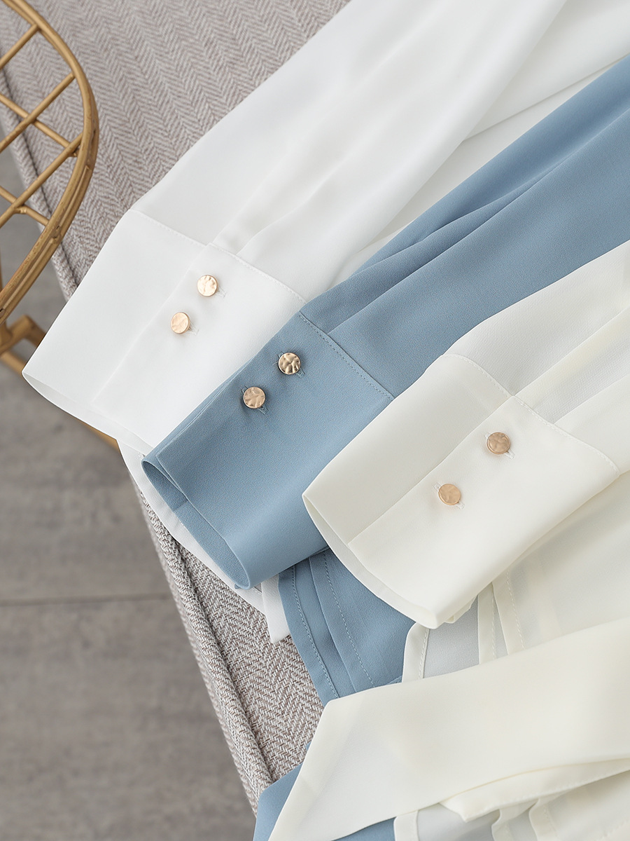 Spring and Autumn Women's New Elegant Fashionable Design Sense Breathable Chiffon Long Sleeve Shirt Bow Ribbon Draped Top