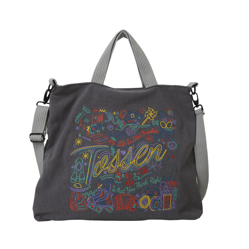 2023 New Fashion large capacity corduroy shoulder bag embroidered portable tote women's bag student crossbody shopping bag
