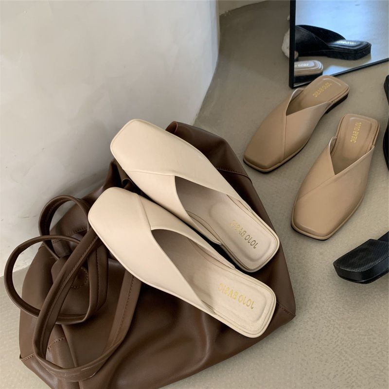 Flat Half Sandals Women's Shoes Summer Thin French Style Small Crowdsourcing Half Square Toe Sandals Soft Bottom Mueller Shoes