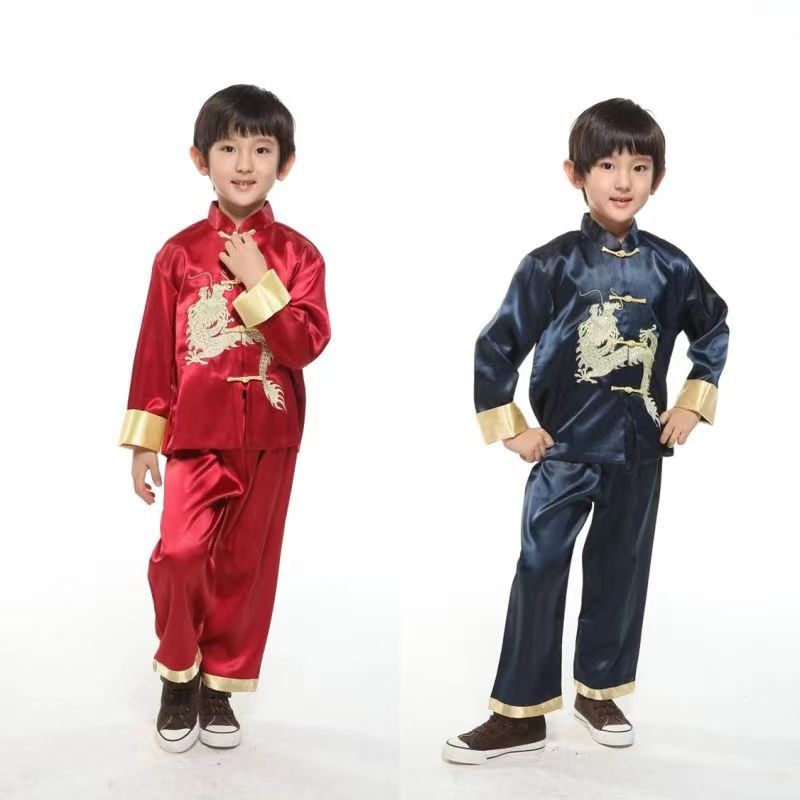 Chinese style embroidered dragon boy Tang suit Red Spring festival dress student performance clothing long sleeve trousers