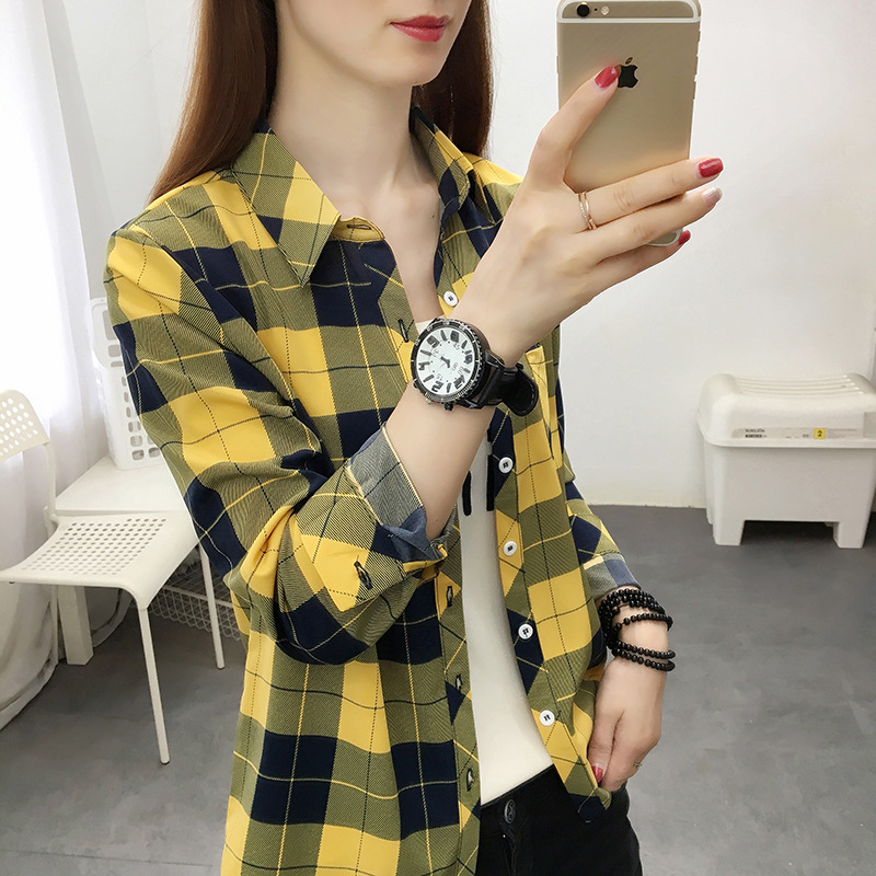 Printed Plaid Shirt Women's Shirt Korean-style Hong Kong-style Base Shirt Top Cardigan Long-sleeved Shirt Fashion Plaid Shirt