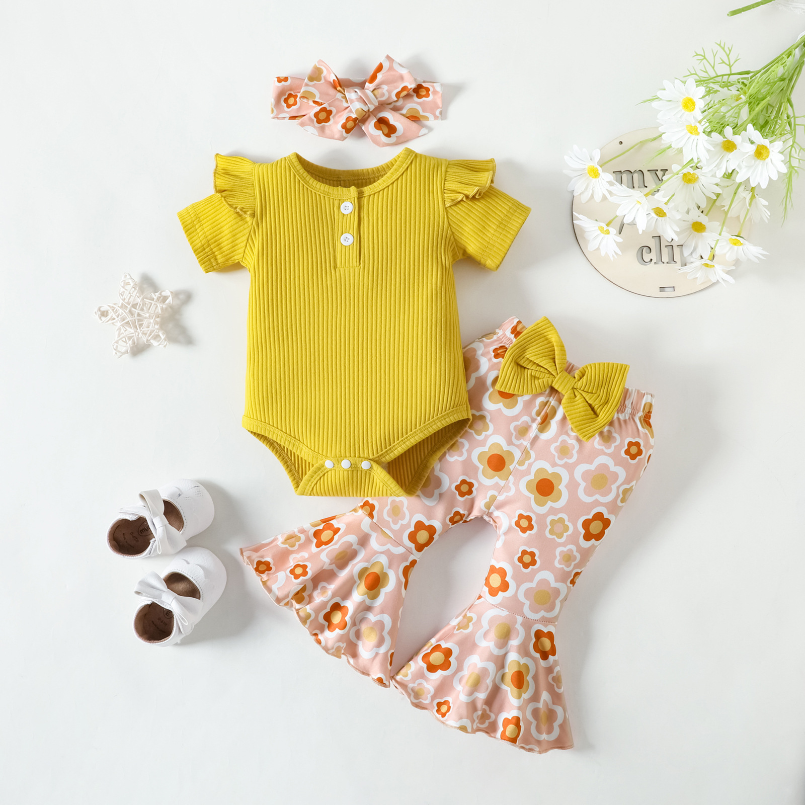 2023 Baby Girl Solid Color Pit Buckle with Floral Horn Trousers Three-piece Foreign Trade Children's Clothing