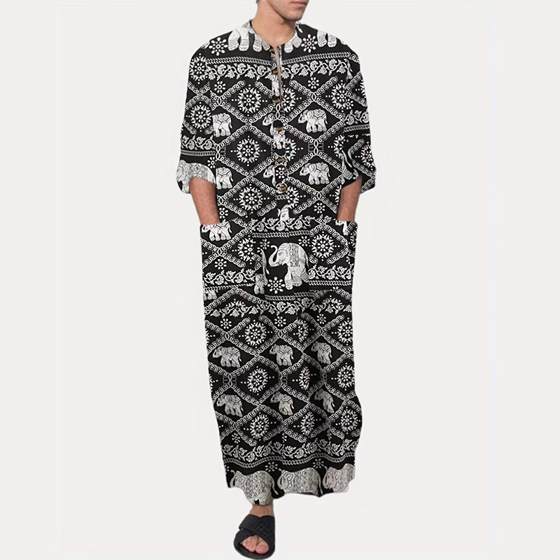 2023 New Southeast Asian Men Casual Oracle Elephant Ethnic Print Long Long Sleeve Robe Dubai Robe