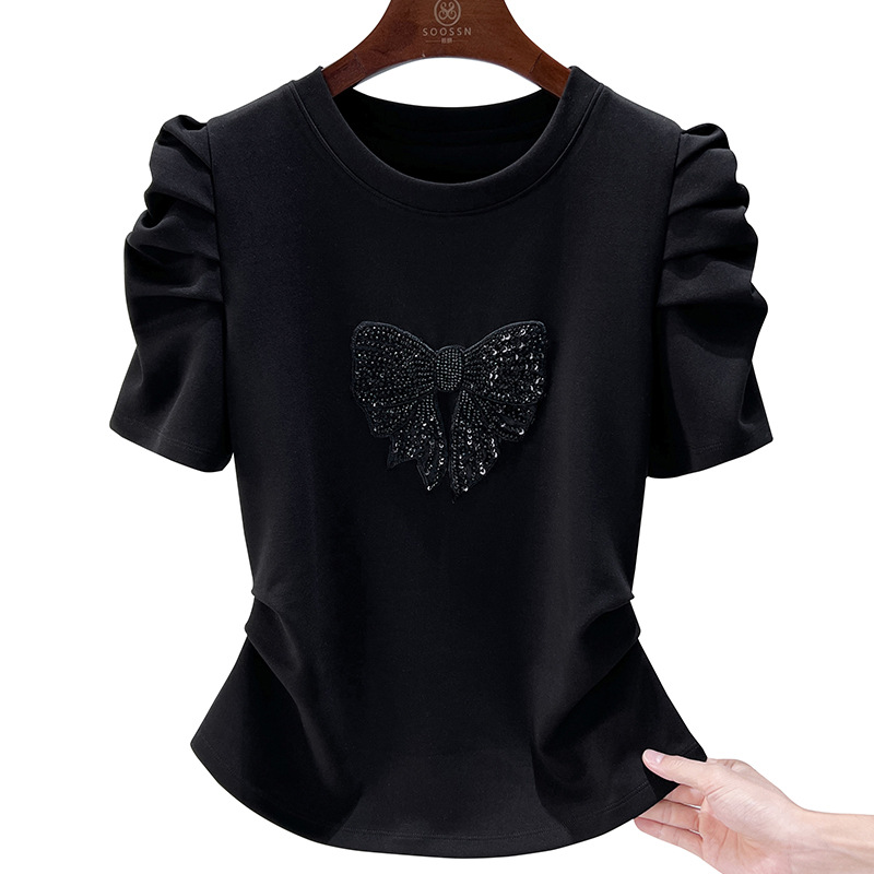 2024 Summer New Design Sense Puff Sleeve Short-sleeved T-shirt Slim-fit Slimming Bow Decorative Top Women's 1688