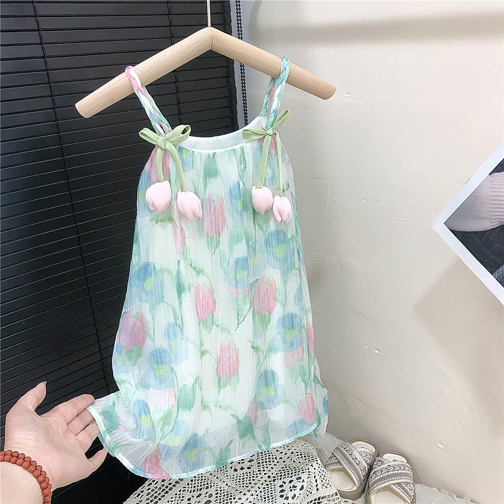 Summer Girl's Floral dress Baby Korean Style Children's Wear Girl's Western Style Tulip Sling Princess Dress Trendy Foreign Trade