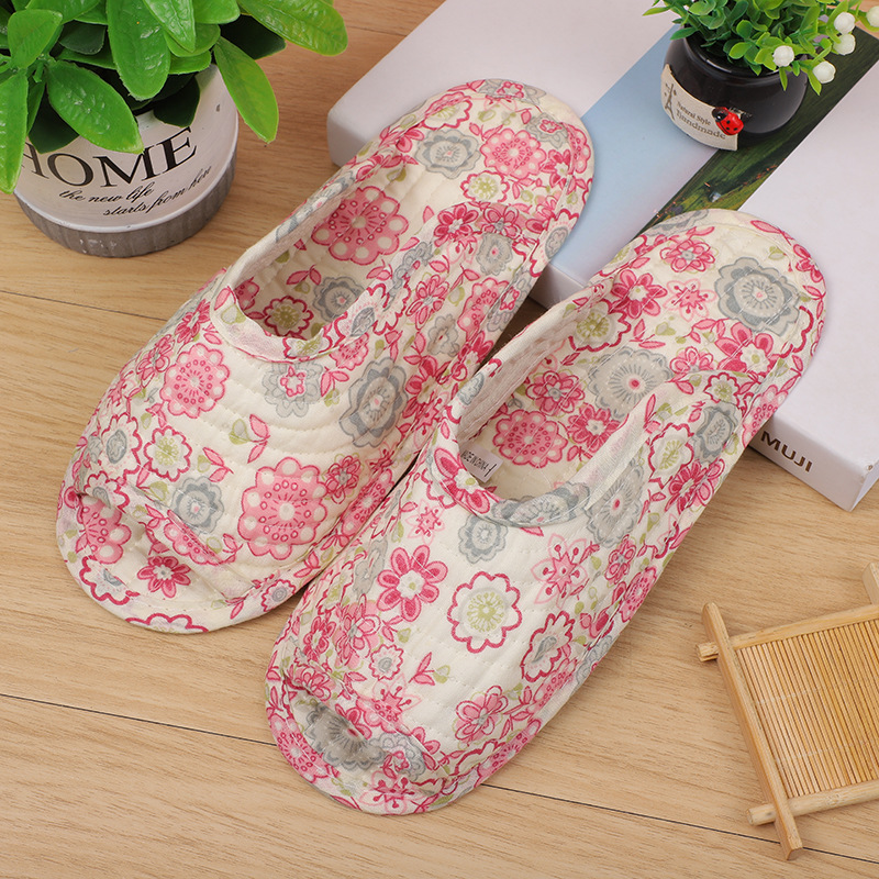 Wholesale Korean Style Pastoral Fabric Home Slippers Machine Washable Quilted Warm Soft Sole Non-Slip Carpet Shoes