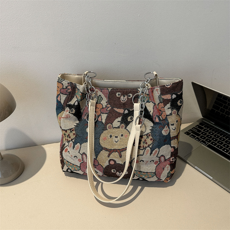 Cartoon Cute Casual Large Capacity Bag Women 2024 New Fashion Retro Handbag Versatile Shoulder Tote Bag