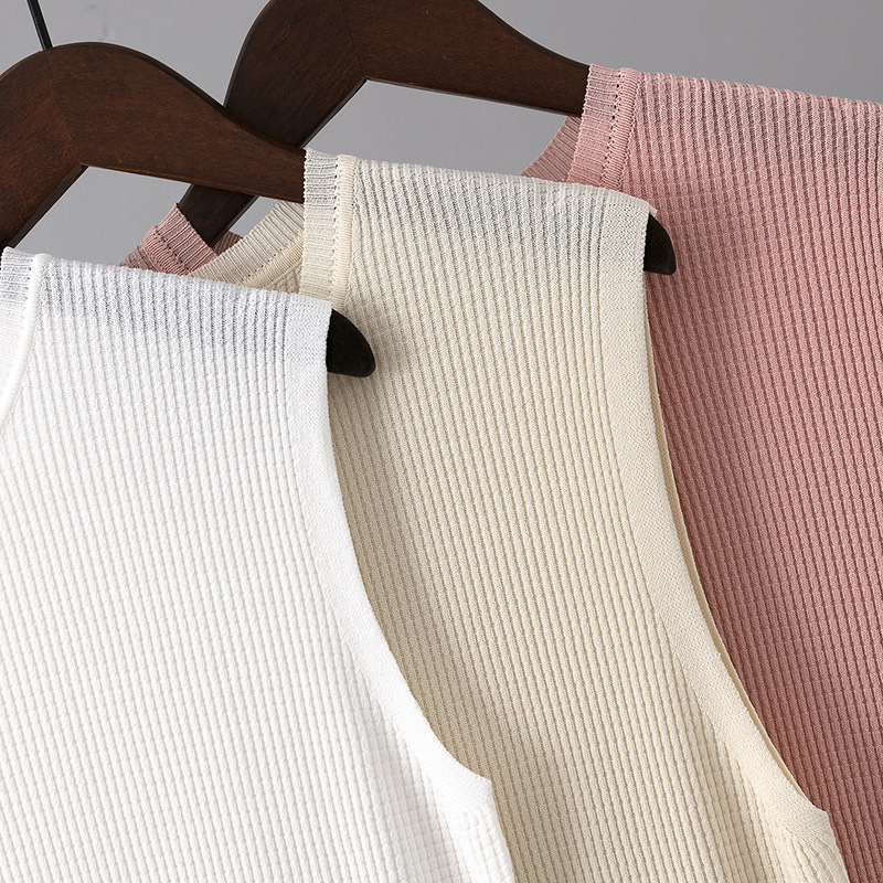 Ice Silk Camisole Women's Summer Outer Wear Sleeveless Wide Shoulder Inner Base Knitted Round Neck Thin Trendy Top