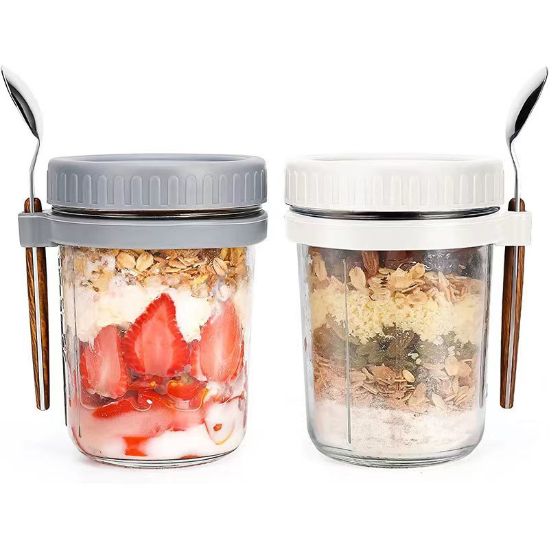 Amazon Overnight Oatmeal Cup 16oz Breakfast Cup with Spoon Portable Glass Cup Shaving Cup Dry and Wet Separated Oatmeal Cup