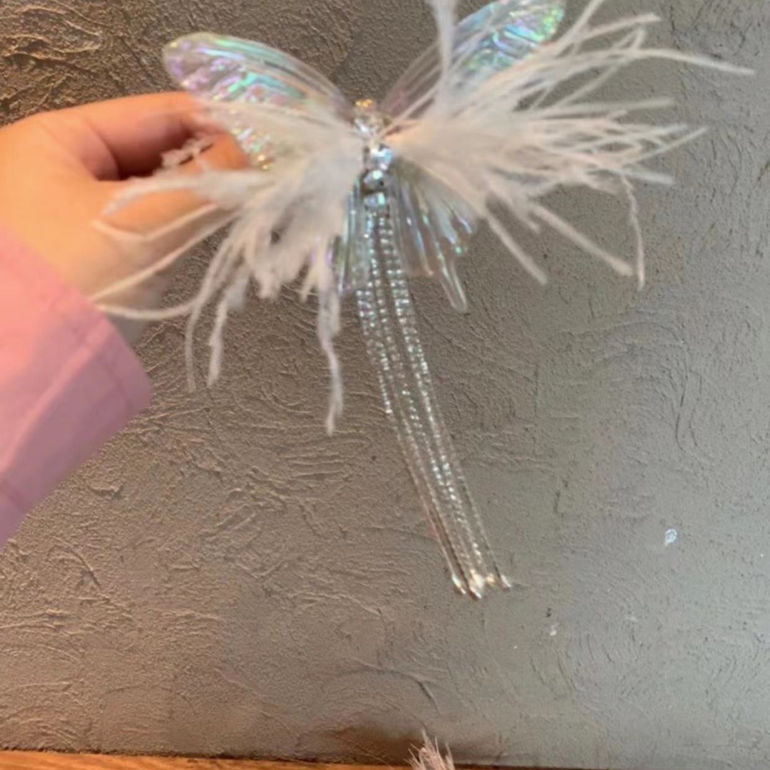 超仙 羽毛水鑽流蘇蝴蝶髮夾女 氣質高級感髮飾粉色白色羽毛髮飾潮