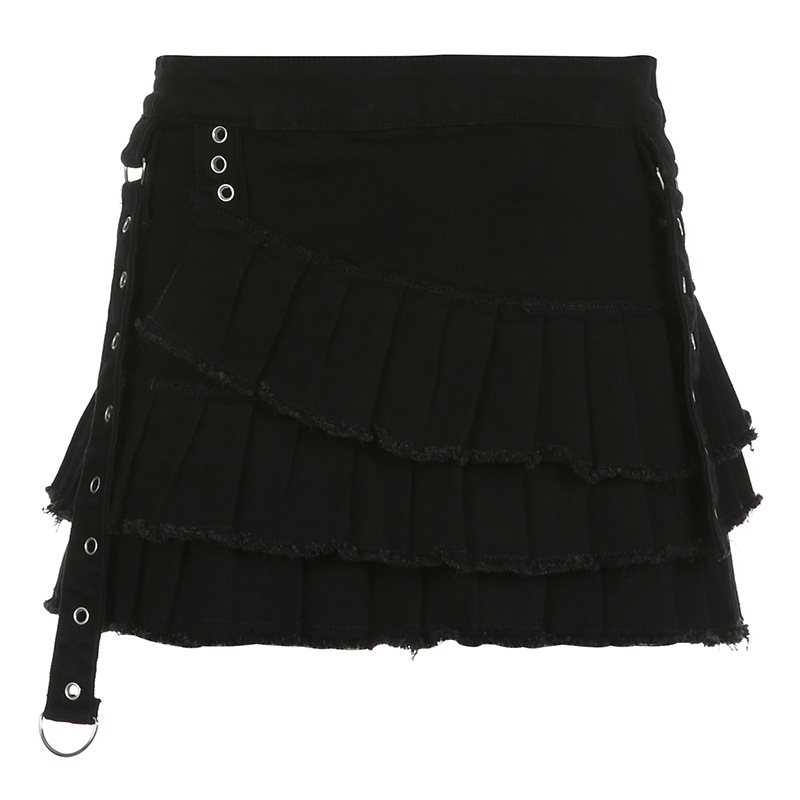 American Style Dark Style Irregular Layered Denim Pleated Skirt Side D Buckle Zipper Design Base Hot Girl Skirt